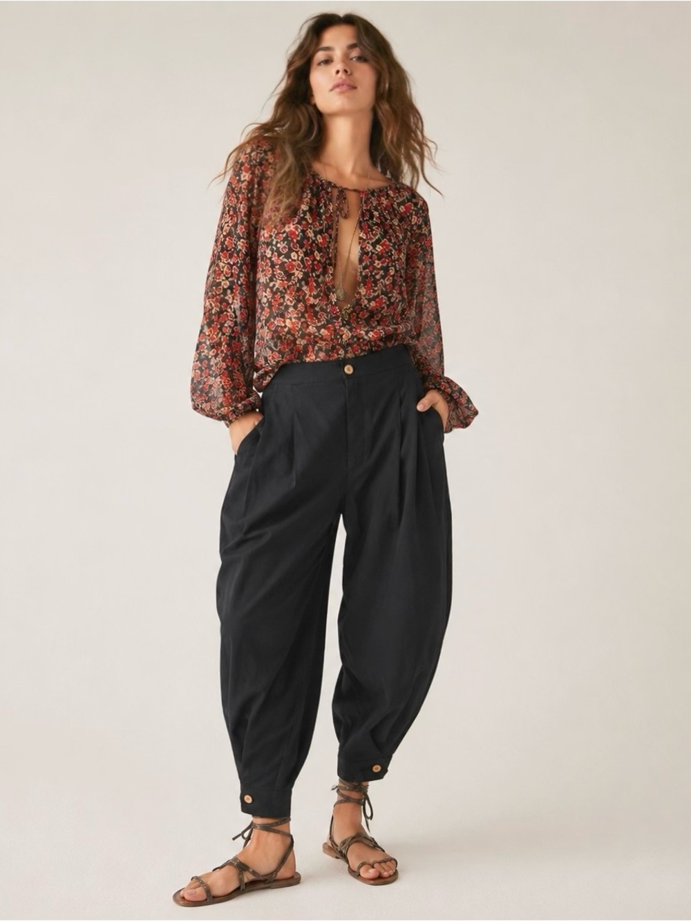 Free People Pleated Balloon Barrel Pants Button Cuff Cropped Cotton Black Sz 10